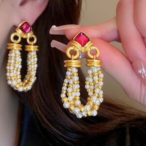 Gold-Tone Pearl Cluster Drop Earrings with Pink Gem Accent
